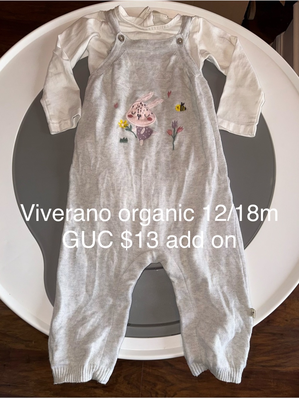 Gray Baby Knit Romper Overall , Bunny Embroidery  - 12/18M